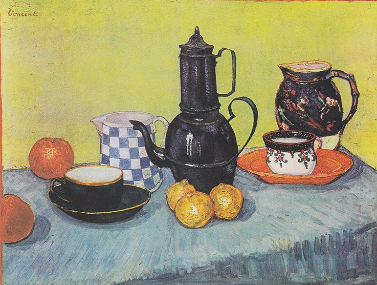 Still life with coffee pot, dishes and fruit